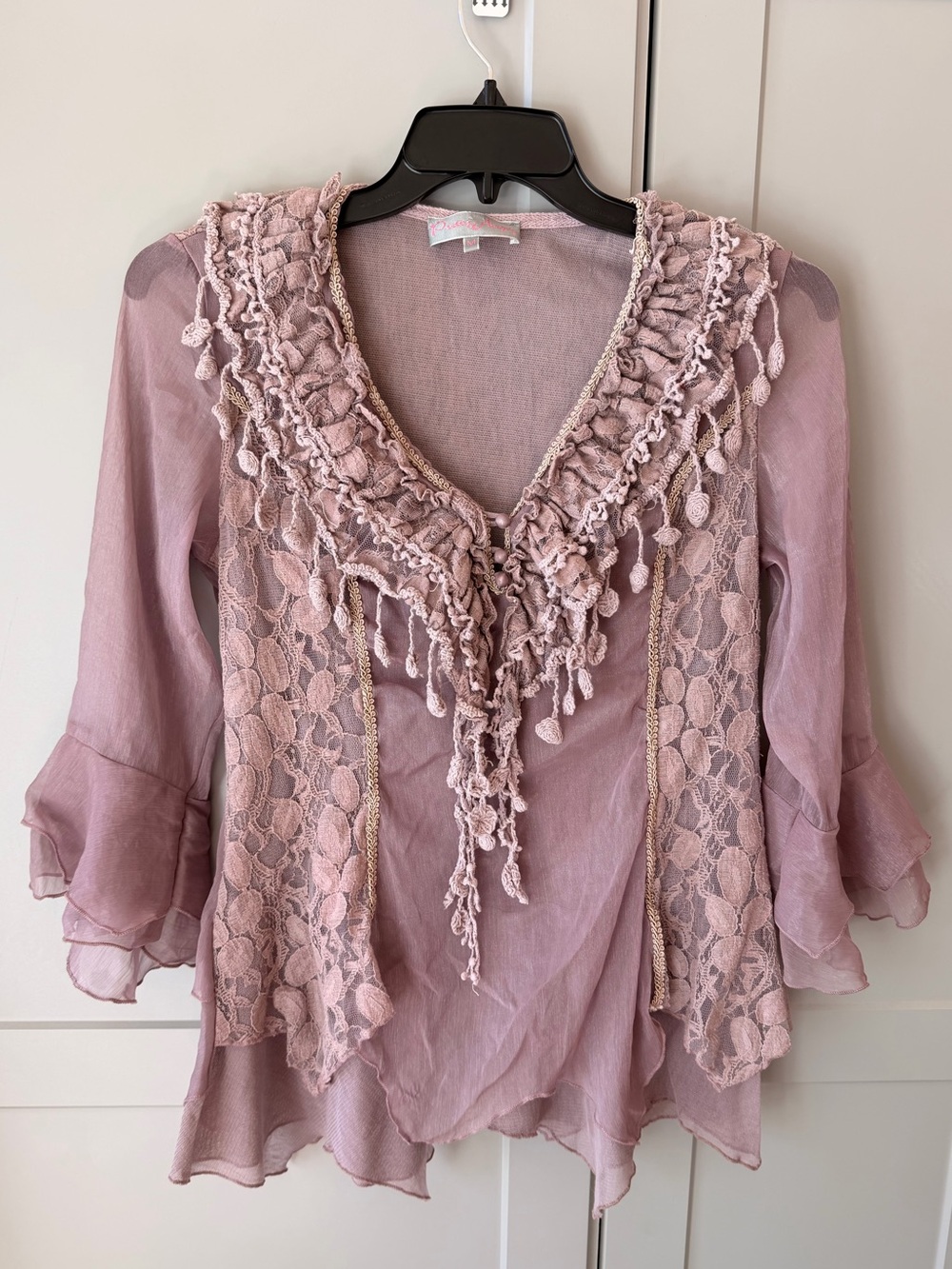 Pretty Angel 52% Silk Y2K Mauve Lace Ruffle Bell Sleeve Boho Tunic Top M
